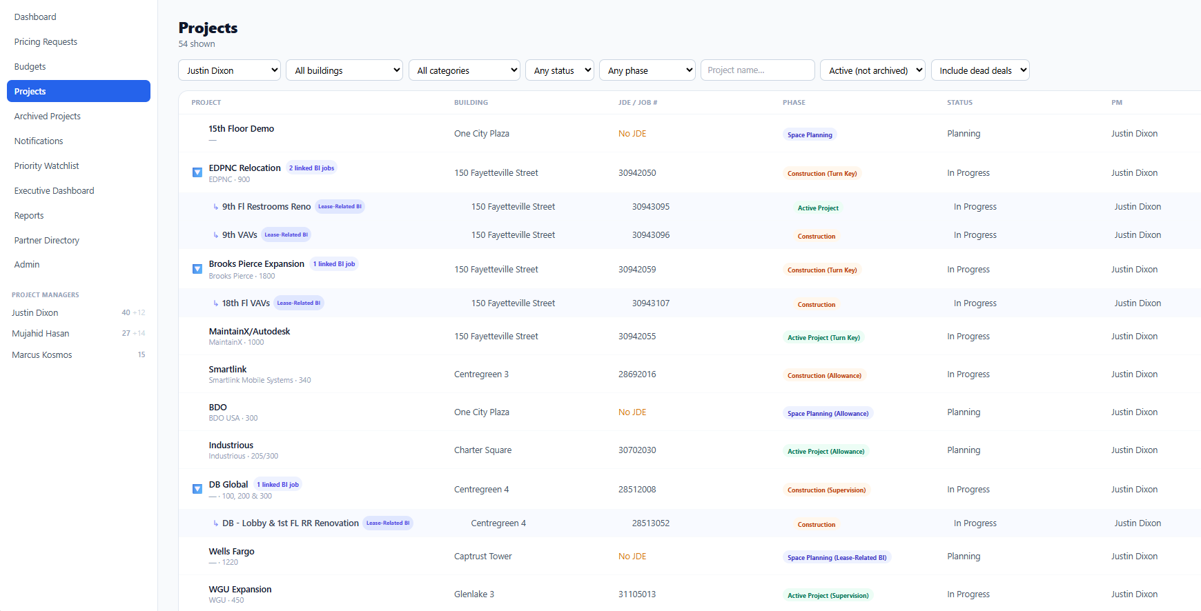 Projects screen of the construction PM platform, listing each job with its building, job number, phase, status and project manager